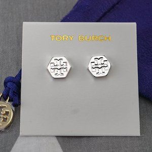 Tory Burch Hex Logo Stud in Silver (Brand New)